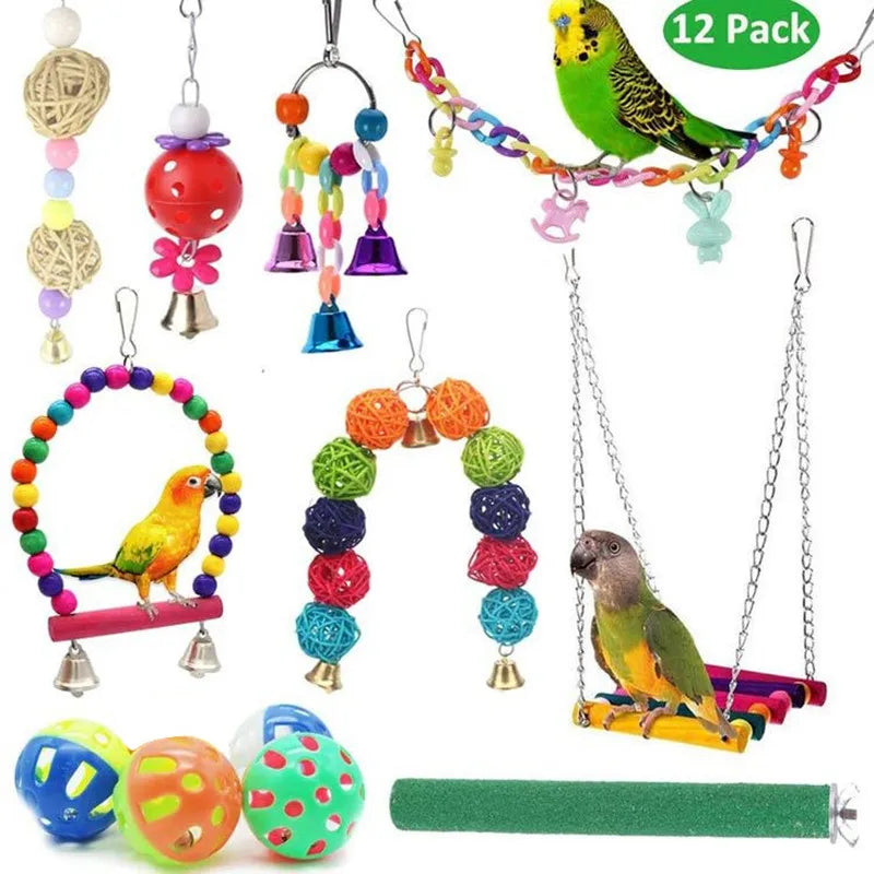 12-Piece Wood Bird Cage Toy Accessory Set