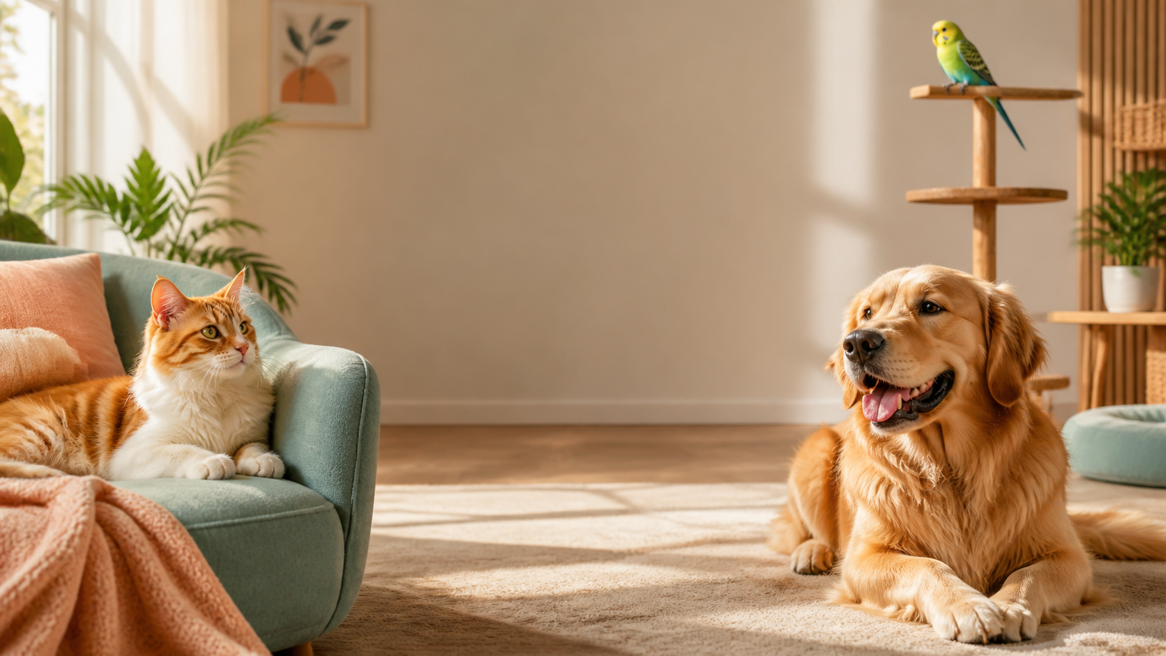 Happy dog, cat and budgerigar in a bright modern home